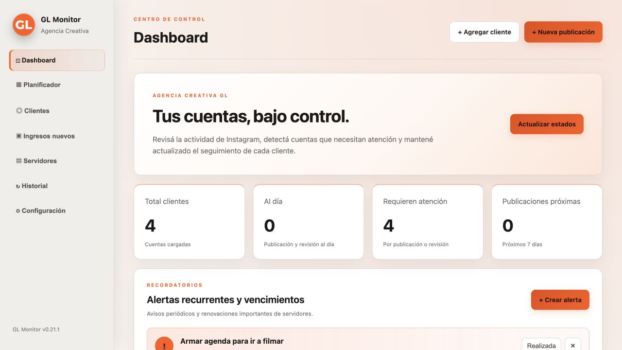 Panel principal de GL Monitor con clientes, alertas y calendario